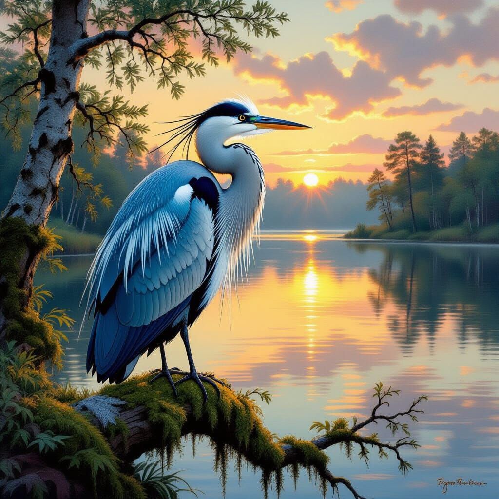 Iridescent Heron Gazing at Dawn, Dramatic Lighting