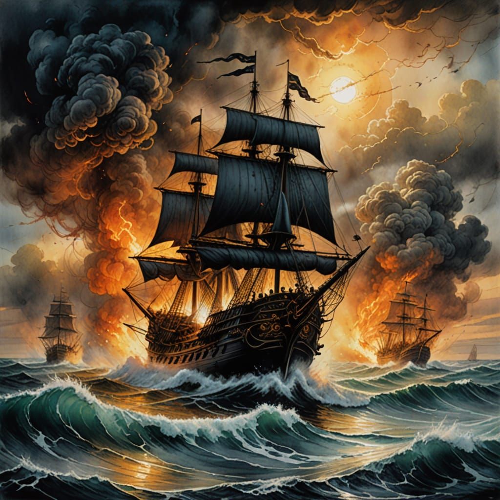 Galleons Clash at Sunrise: Sketch Style Sea Battle
