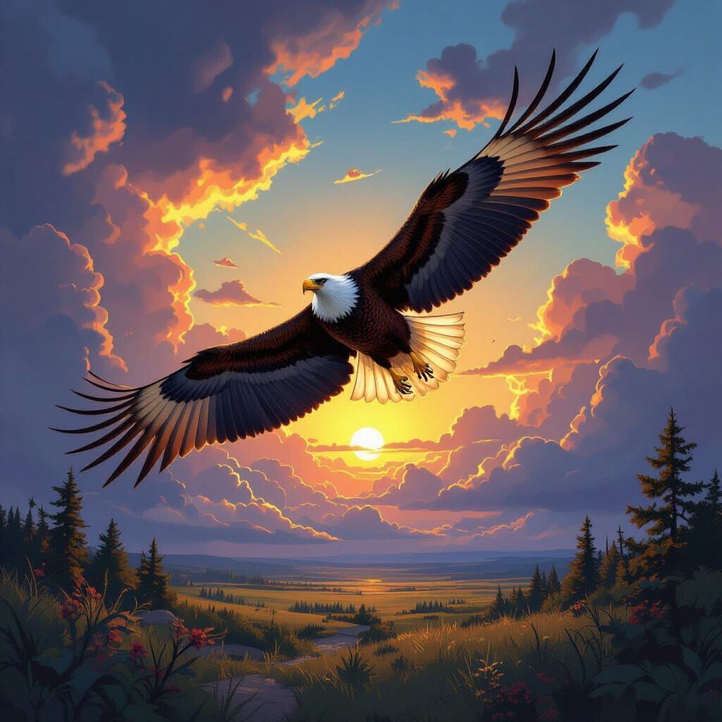 Majestic Eagle Soars Through Dramatic Sky in Splash Art Styl...