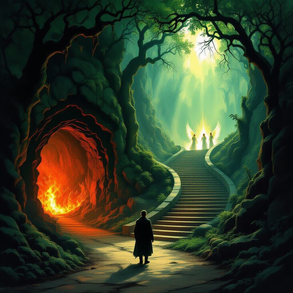 Man at Crossroads in Epic Fantasy Forest