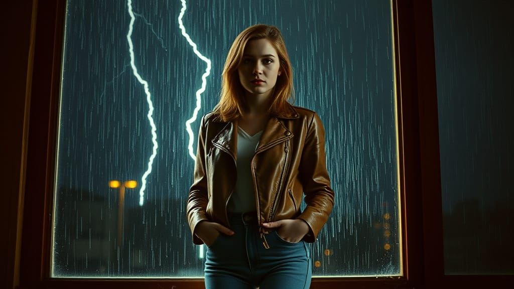 Woman in Rain at Window, Cinematic 70s Style