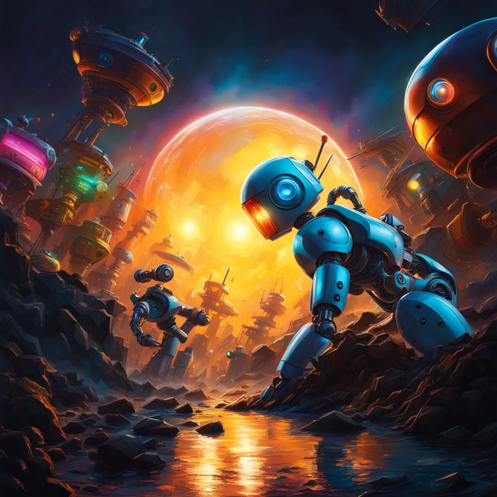 Hyperrealistic Robots in Colorful Splash Art