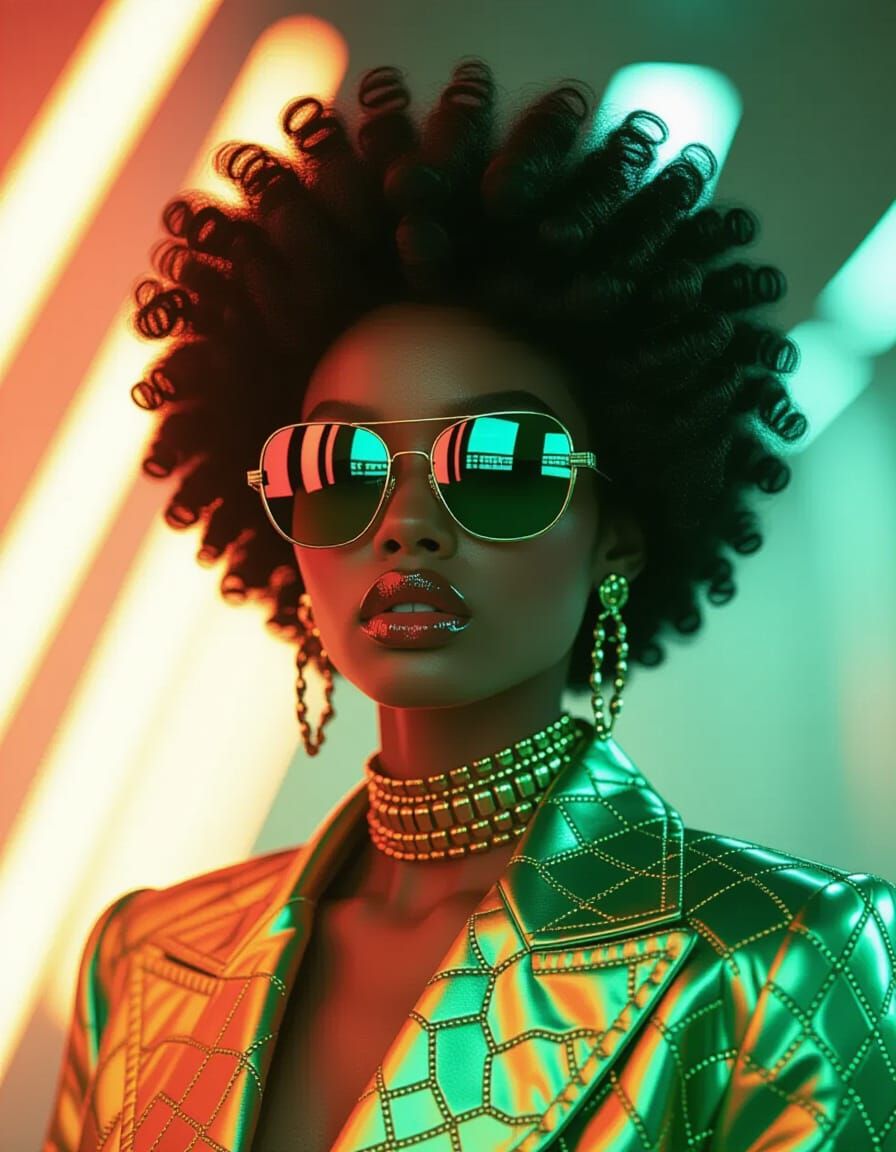 Afrofuturistic Model in Gucci Fashion, Cinematic Portrait