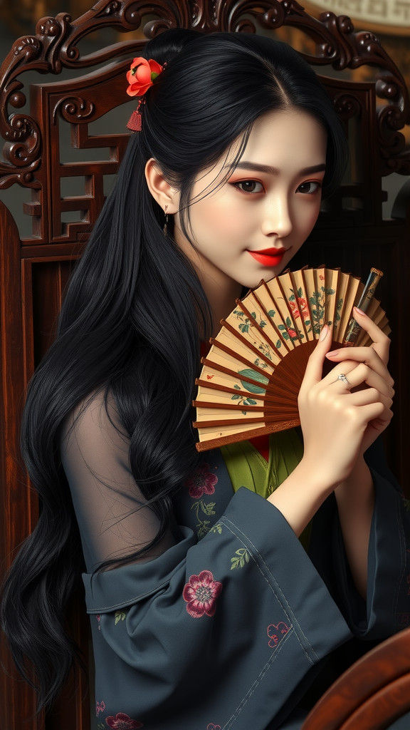 Serene Woman with Fan in Ornate Chair, Digital Art