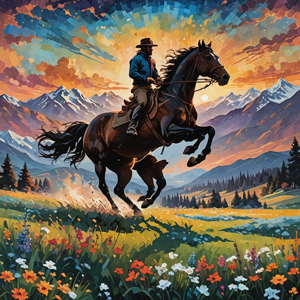 Horse Rider Silhouette in Meadow, Turner-Monet Style