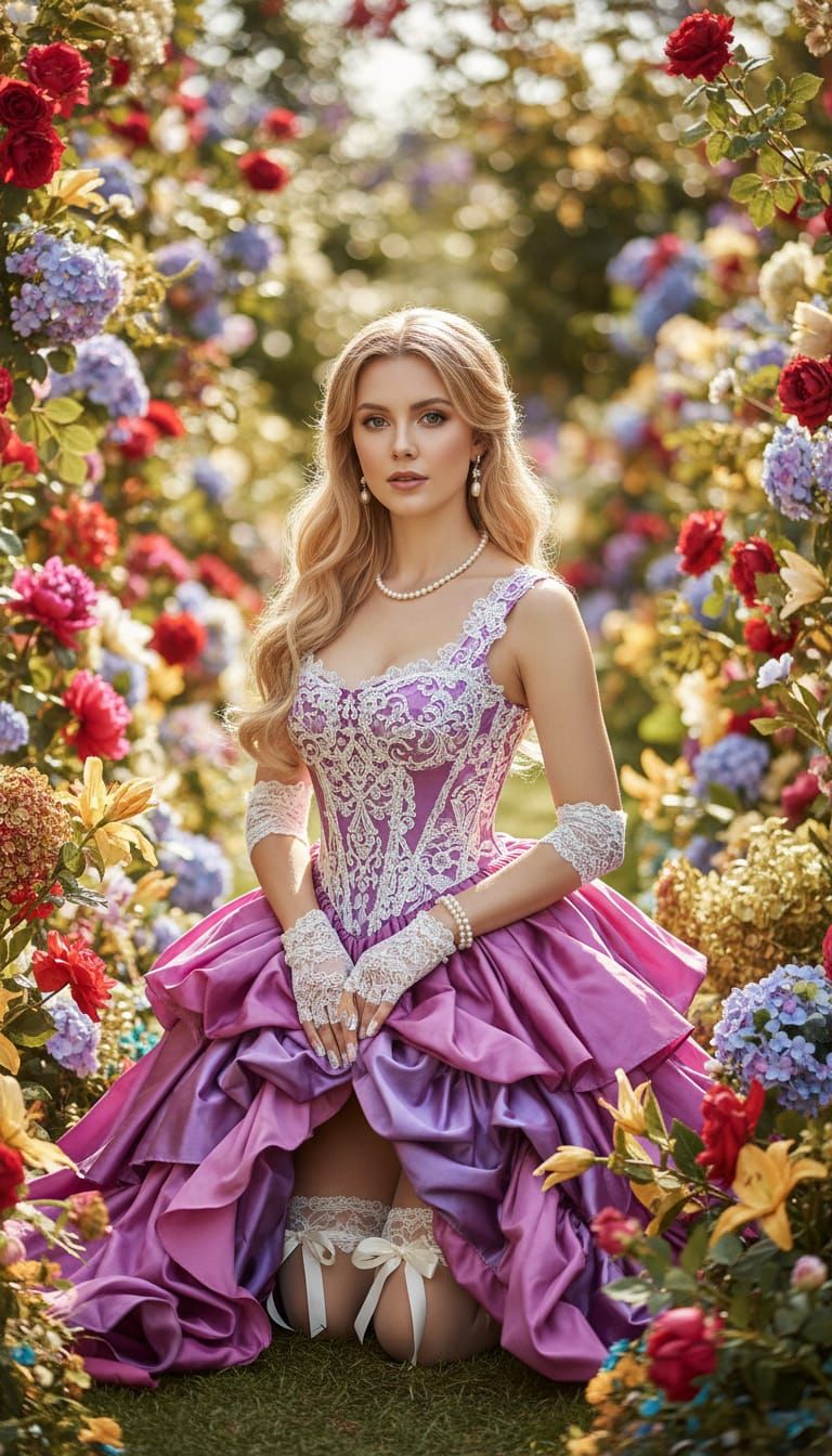 Elegant Woman in Satin Dress in Vibrant Garden