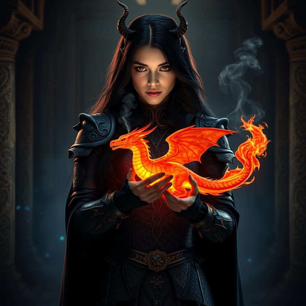 Mystical Sorceress with Fiery Dragon in Ancient Temple