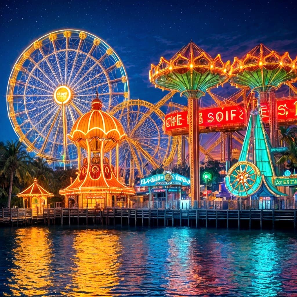 Seashore Amusement Park Reflected in Night Waves