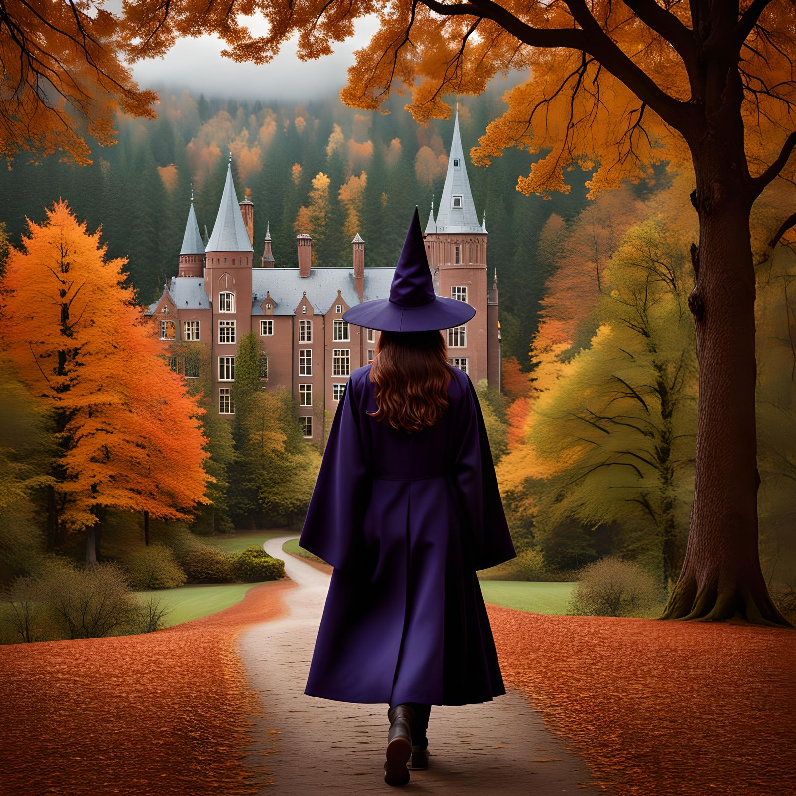 Young Witch Walks to Eerie School: Portrait Photography