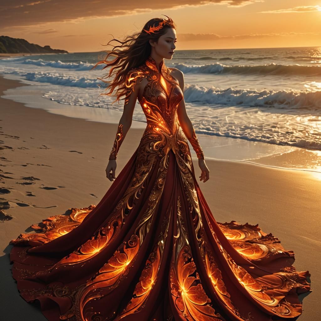 Golden Fractal Dragon Dress Digital Watercolor