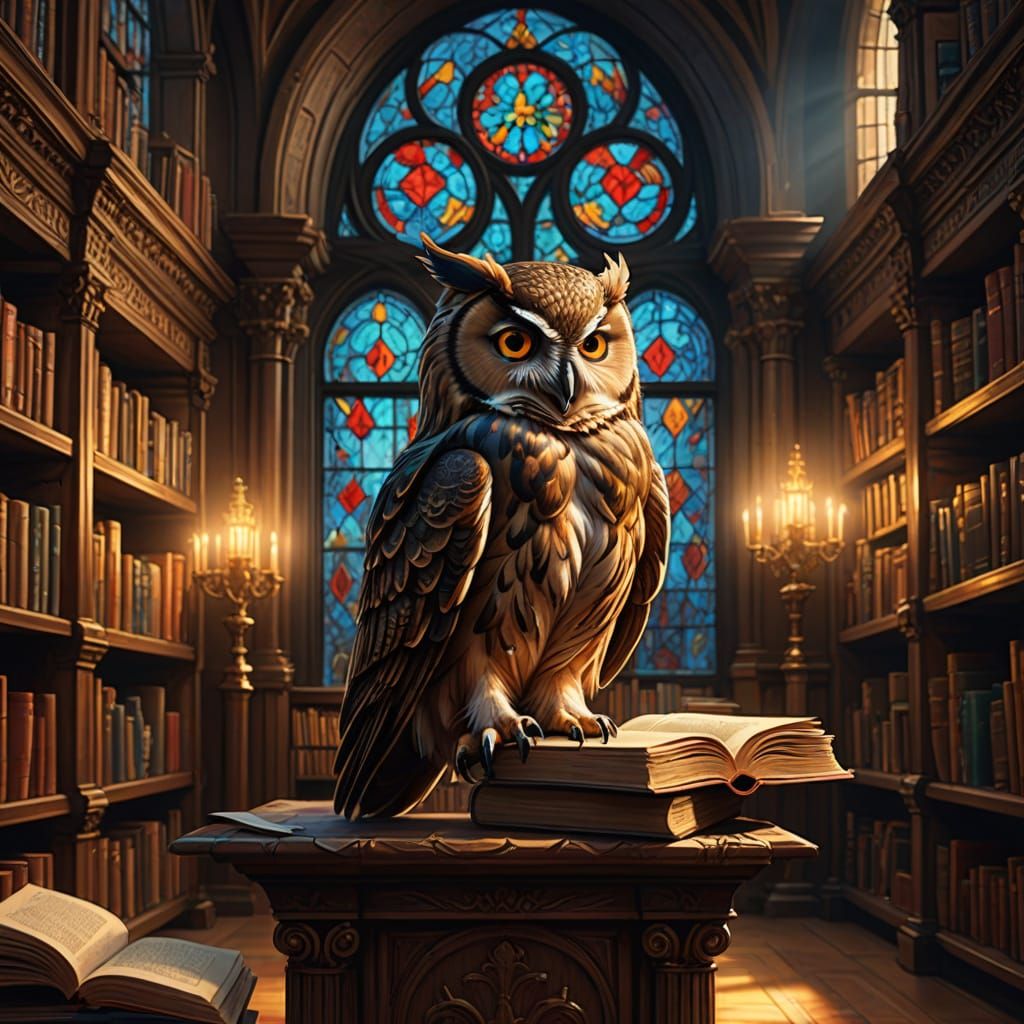 Baroque Owl in Grand Library, Illuminated by Stained Glass