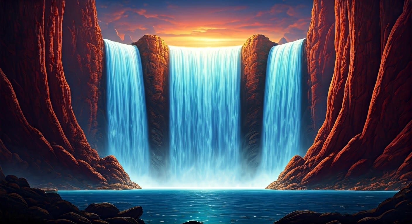 Majestic Waterfall Sunset: Fantasy Concept Art