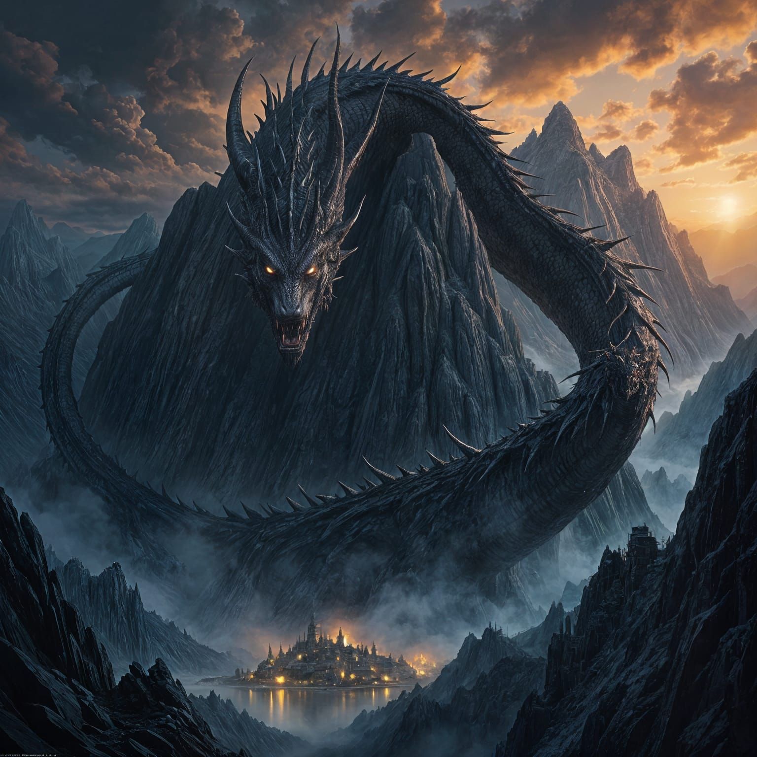 Obsidian Dragon Sleeps on Misty Mountain Peak Above Unaware ...