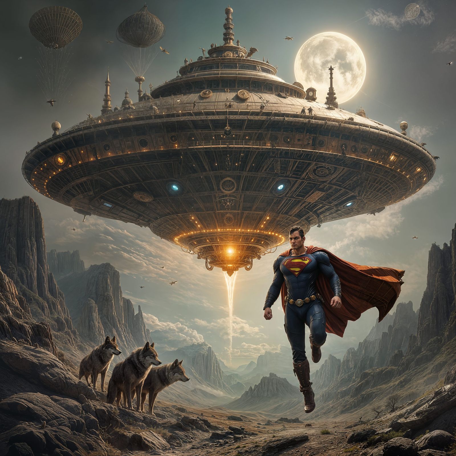 Surreal Steampunk Landscape with Flying Saucer, Wolves, and....