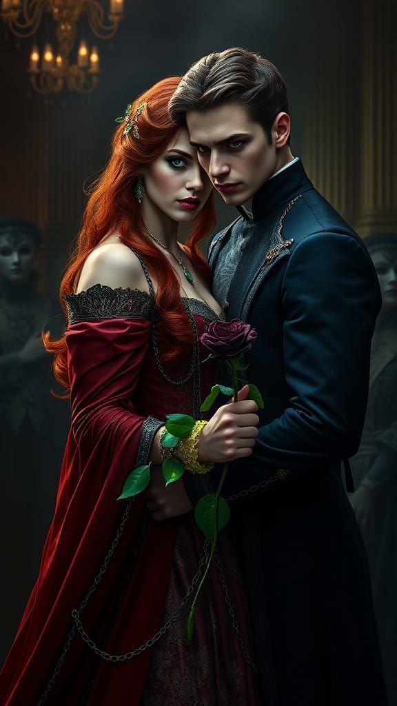 Tormented Woman in Lavish Attire, Mystical Ballroom Setting