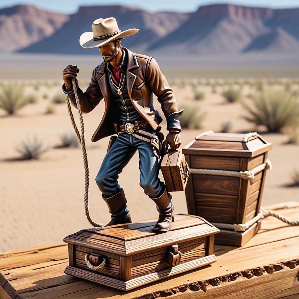 Cowboy Figurine Drags Coffin Across Desert