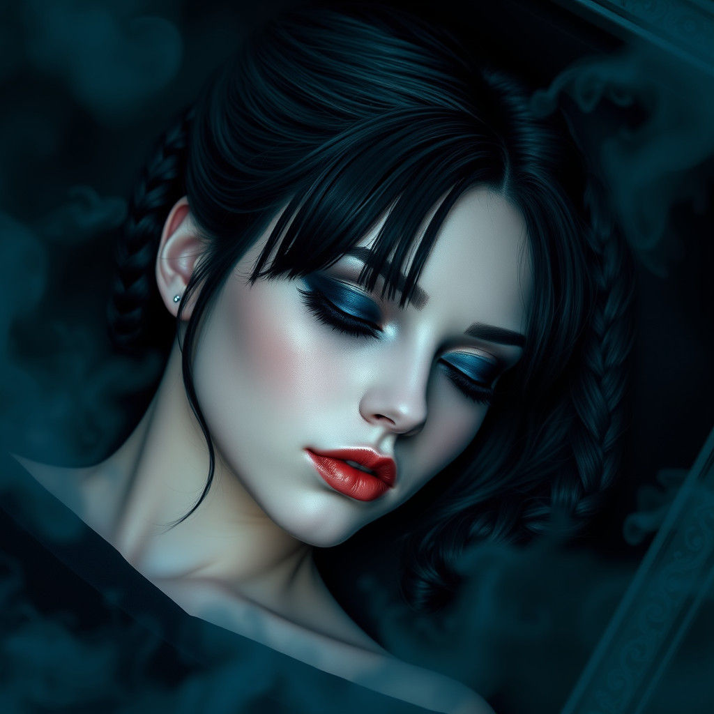 Gothic Portrait of Sleeping Woman in Velvet Coffin