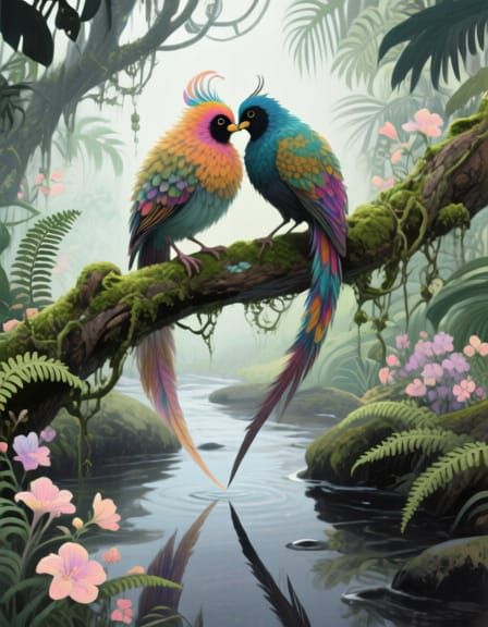 Exotic Birds in Jungle, in Whimsical Inky Style