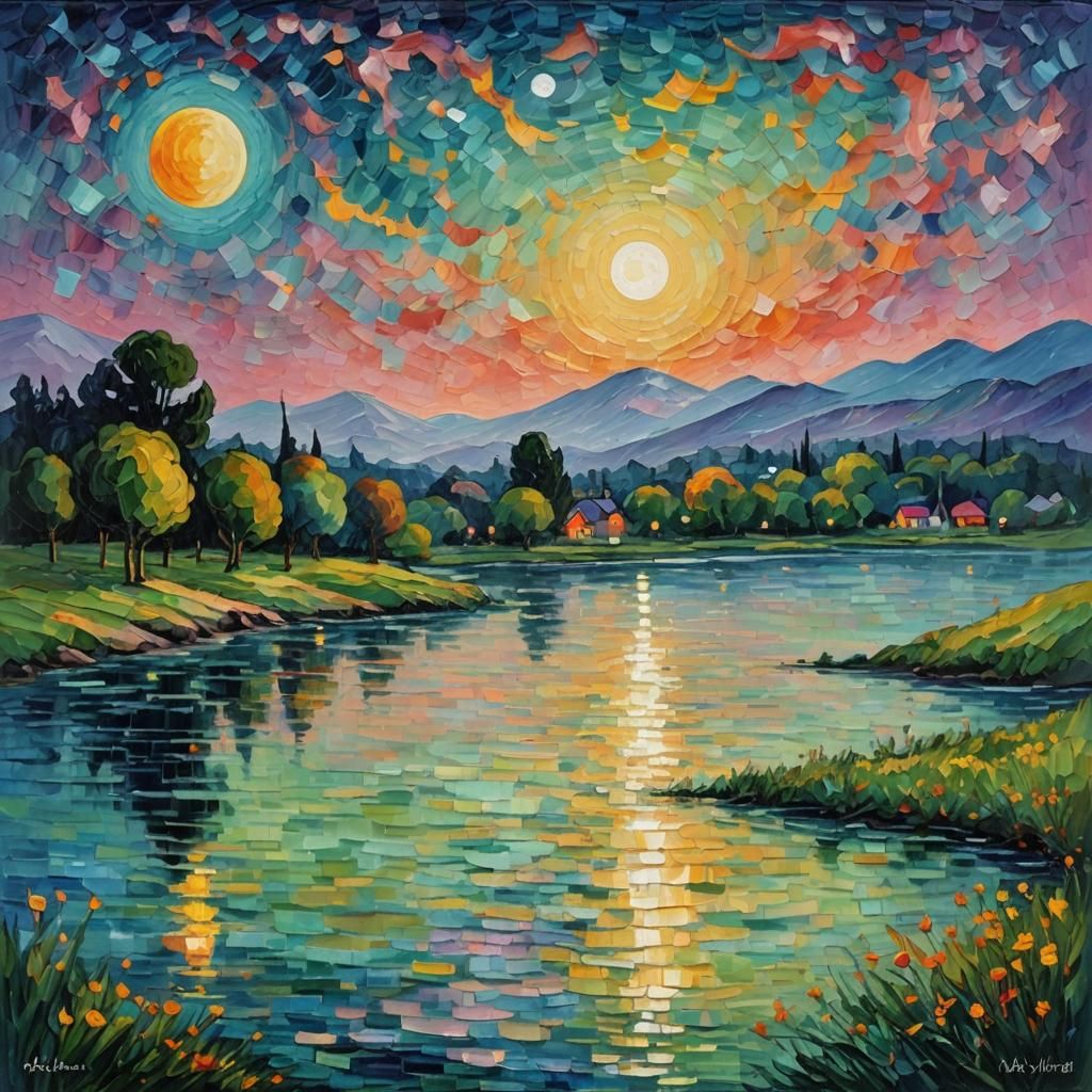 Dreamlike Moonrise: Neo-Impressionist Oil Painting