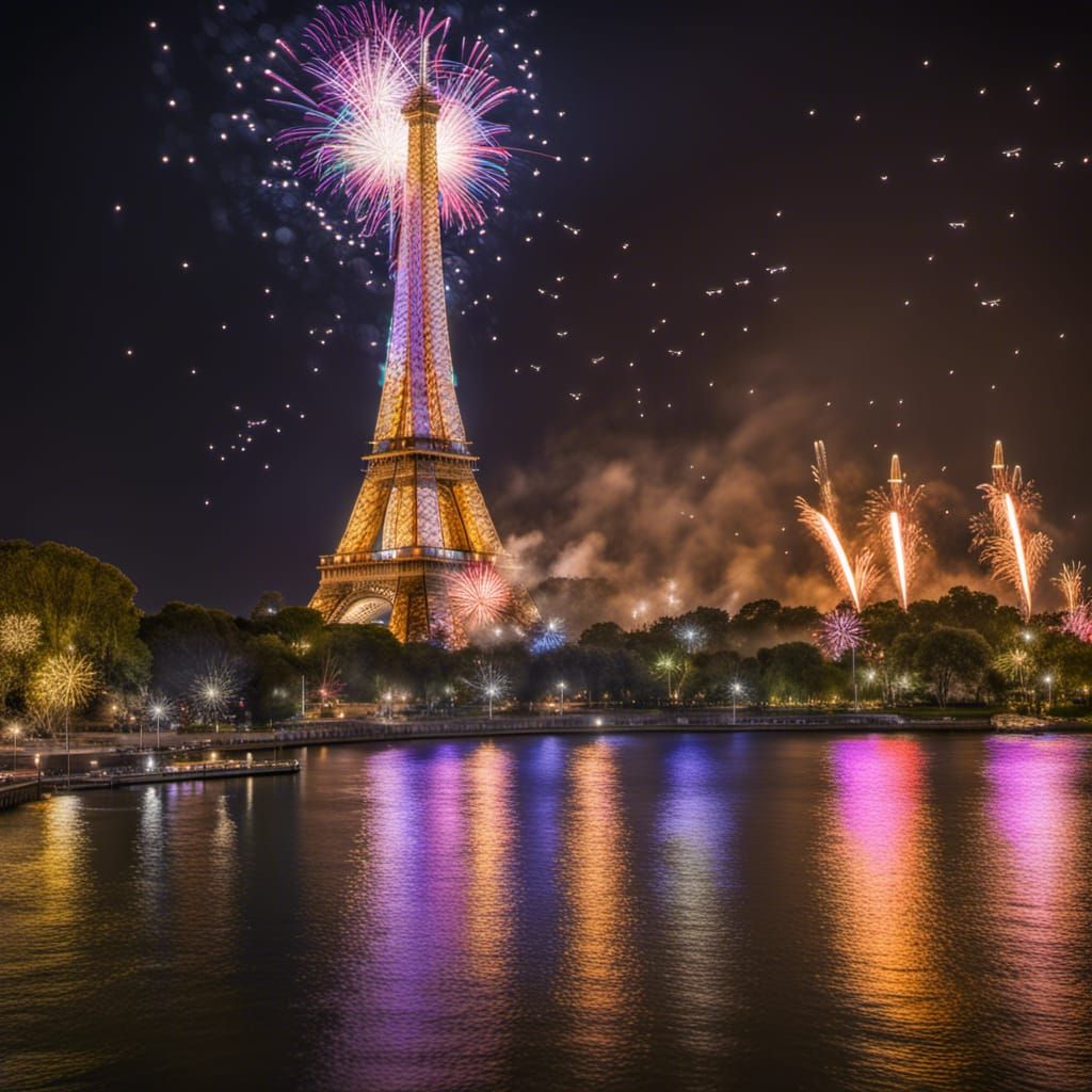 Eiffel Tower Fireworks Reflecting on Lake at Night