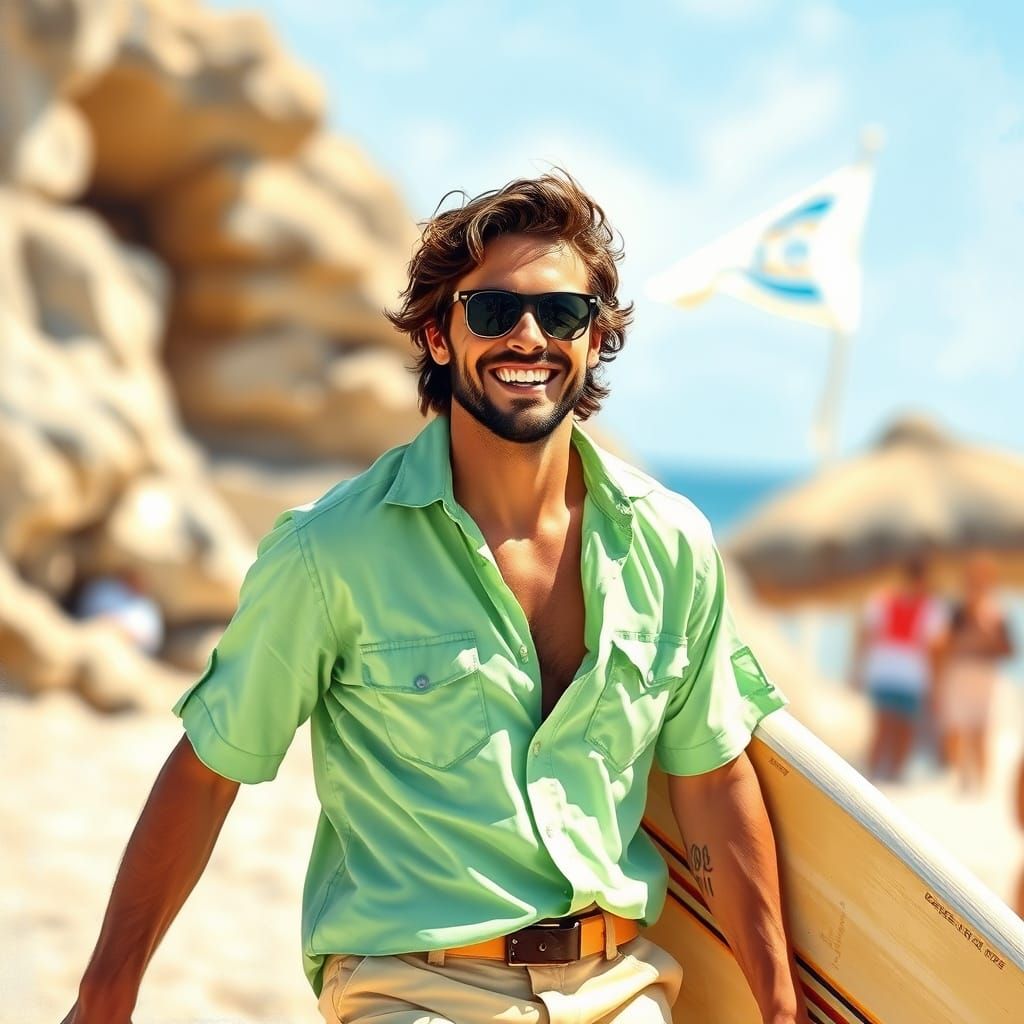 Happy European Surfer in Impressionist Style