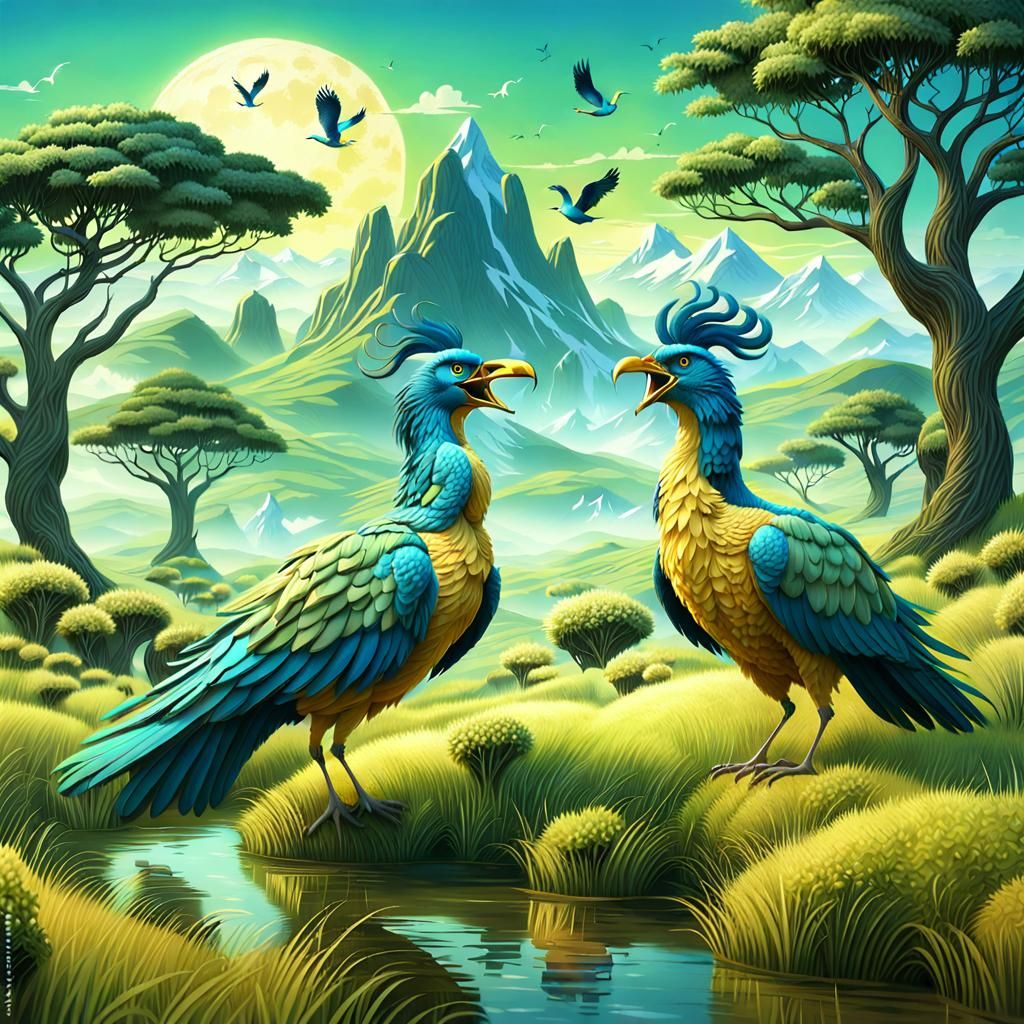 two big birds in love are singing