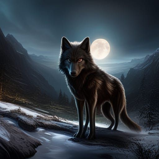 Detailed Matte Painting of a Black Wolf