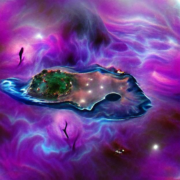 Tropical Island Floating in Space Nebula