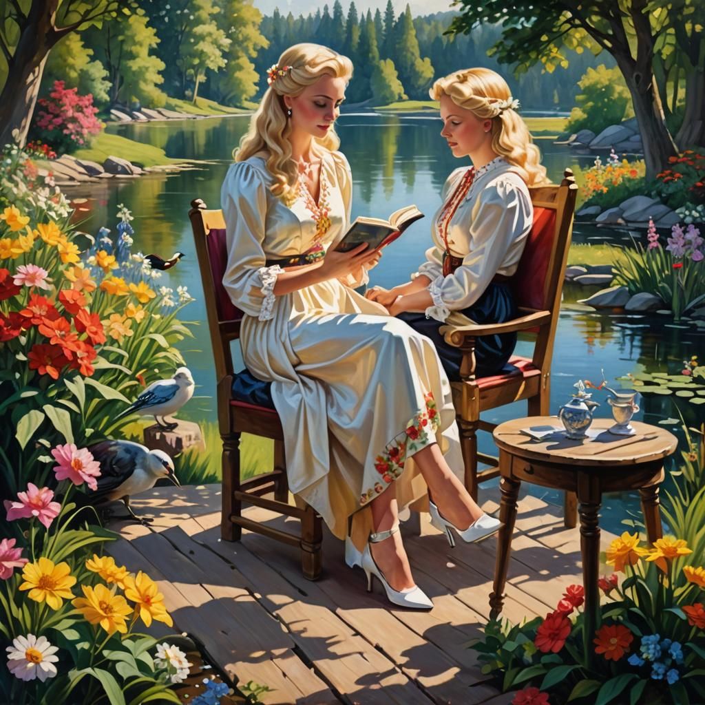 Blonde Queen Reading by Lake: 1980s Oil Painting