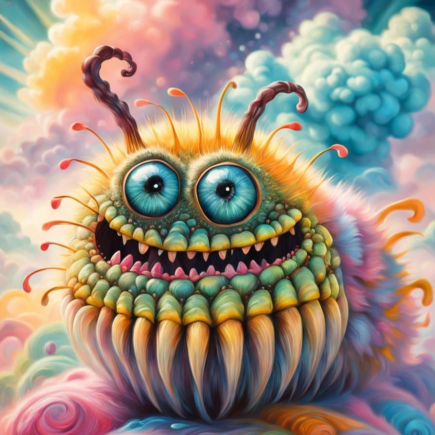 Surreal Furry Caterpillar with Glowing Eyes and Cute Teeth