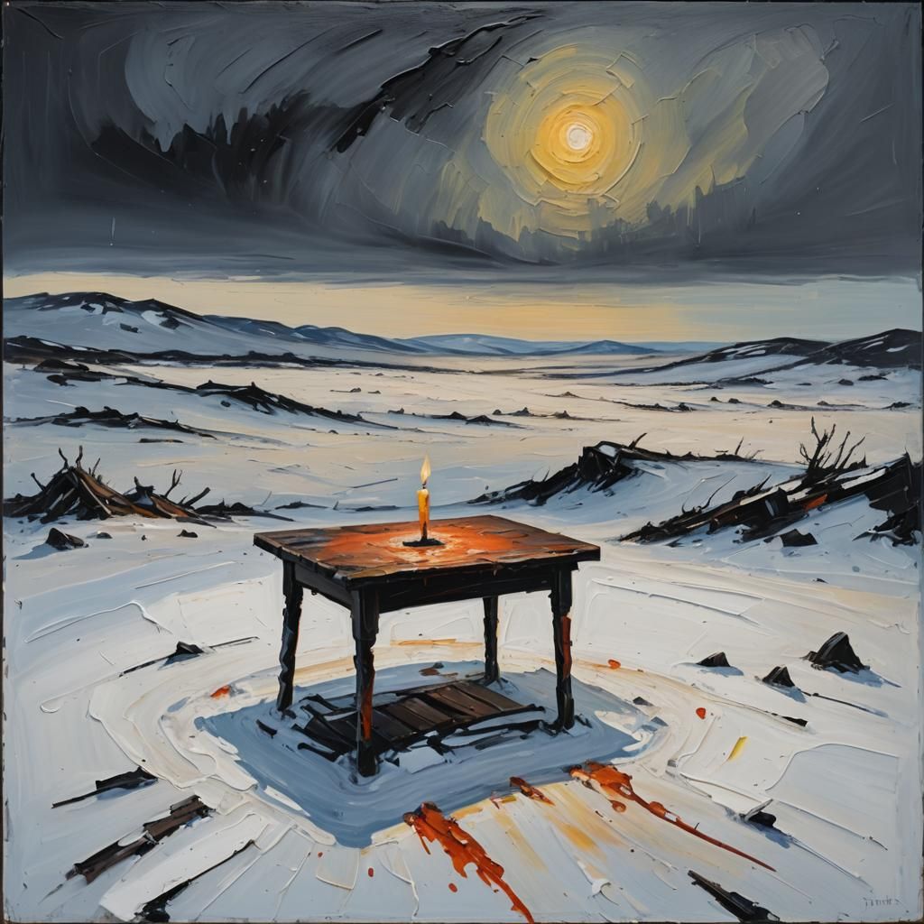 Barren Tundra: Neo-Expressionist Candlelit Oil Painting