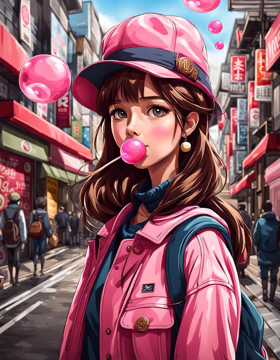 Trendy Girl with Bubble Gum in Anime Style