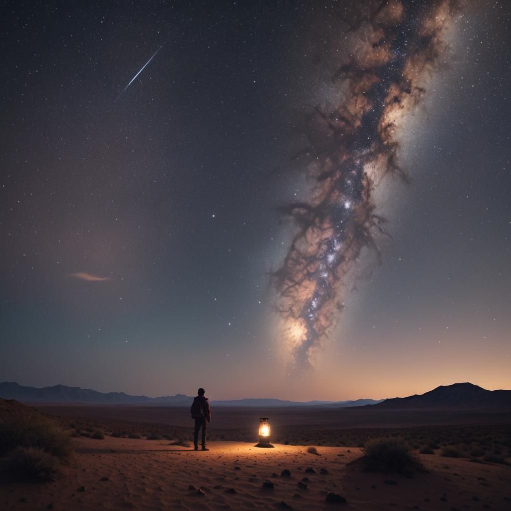 Contemplative Traveler in Starry Desert Landscape
