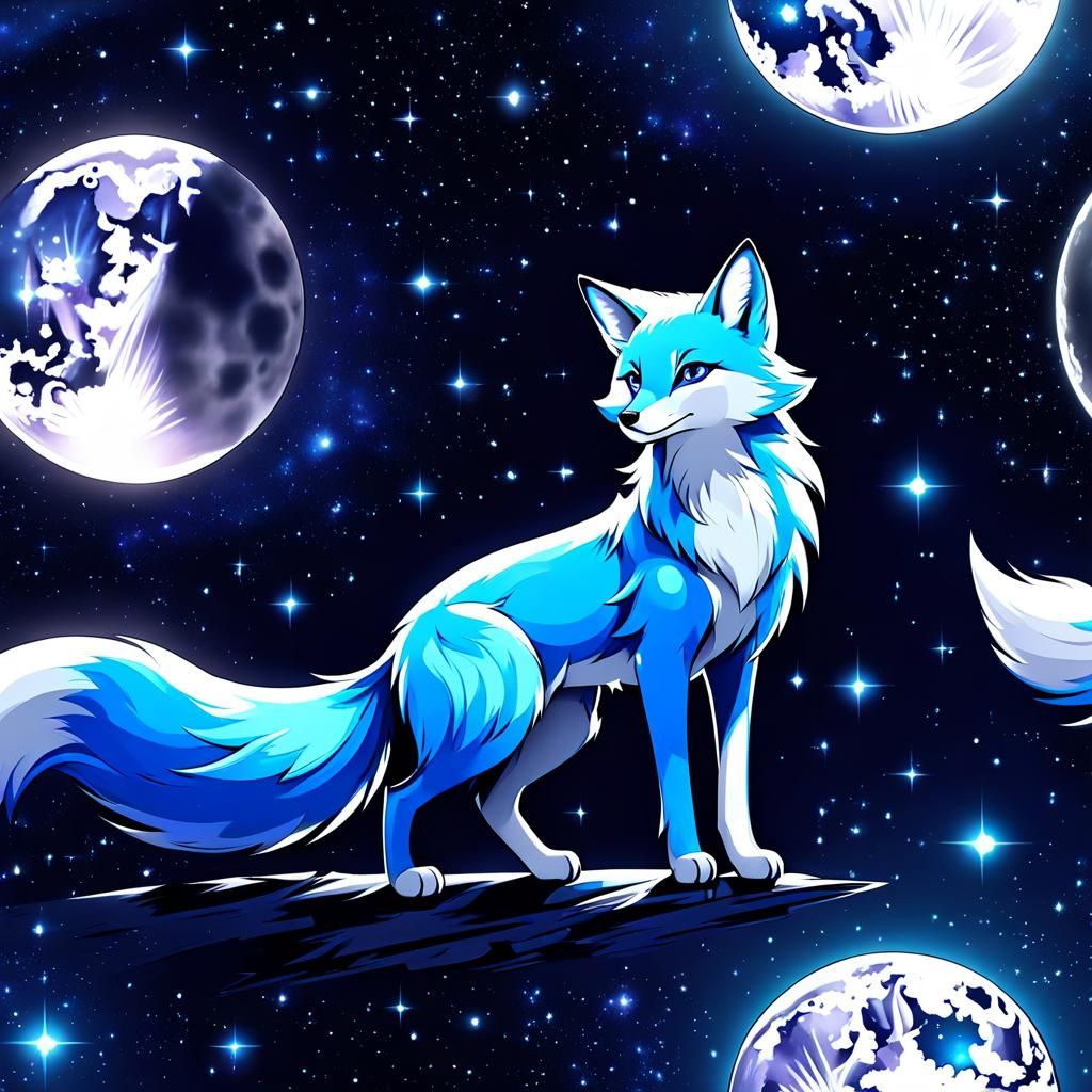 Blue Fox on Moon in Galaxy
