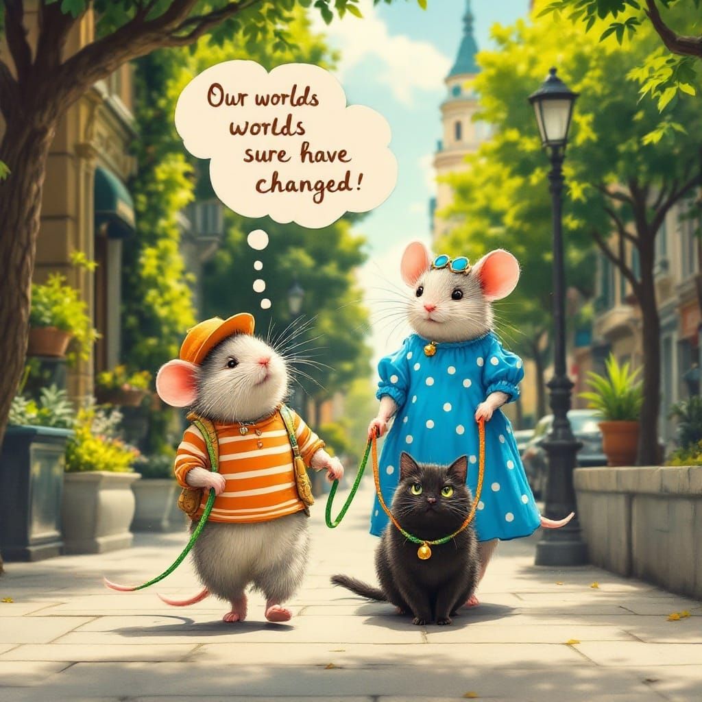 Whimsical Mice and Cats Stroll Through a Vibrant City