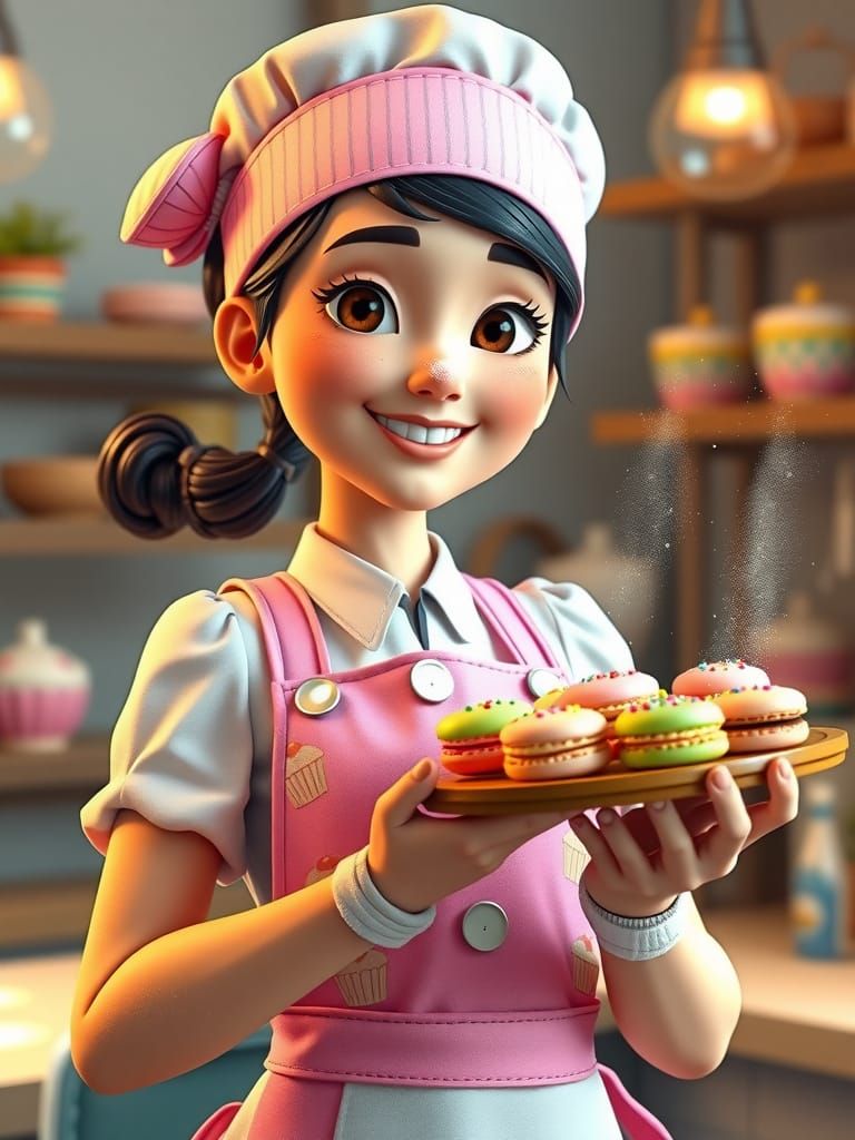 Vibrant Pixar-Style Cartoon of Young Pastry Chef