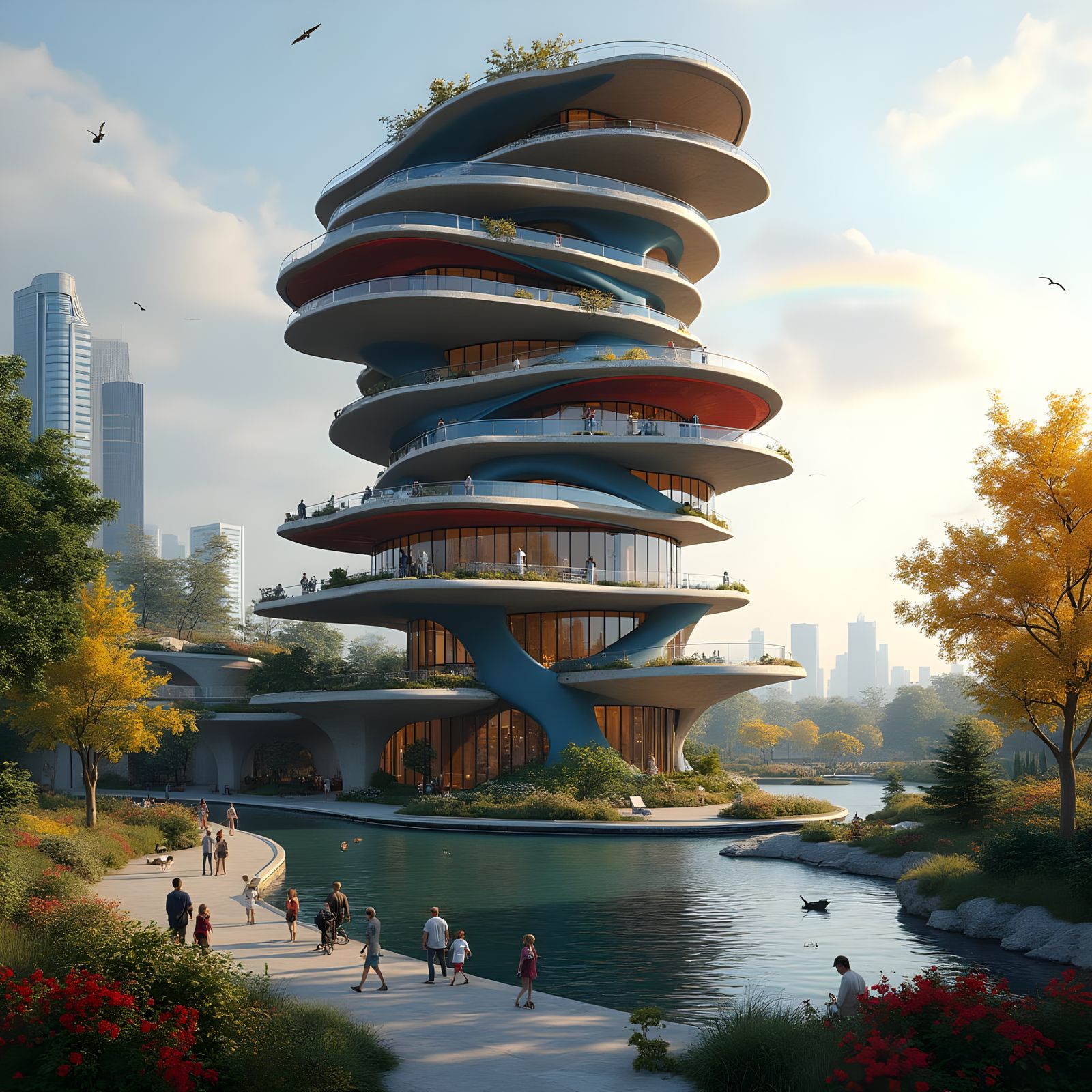 Surreal Futuristic Flower-Shaped Skyscraper in Dark Blue and...