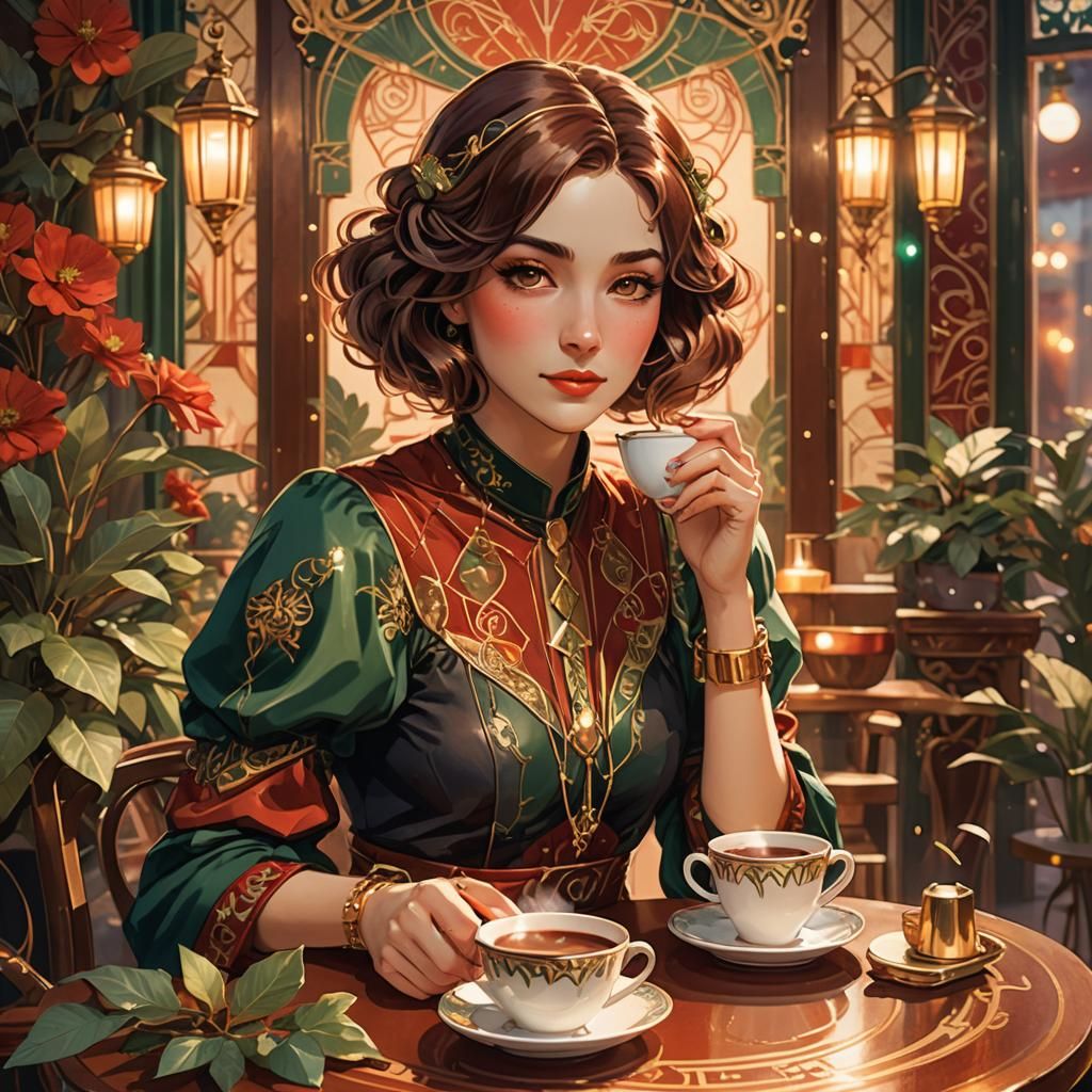 Elegant Italian Girl in Warm Art Deco Cafe