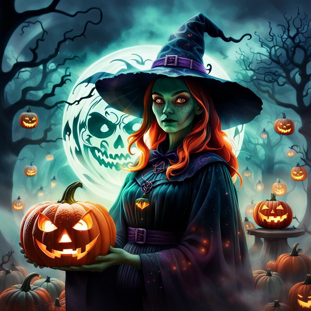 Mystical Witch and Pumpkin Double Exposure in Pixar Style