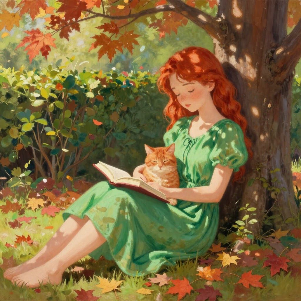 Redhead Woman Sleeps with Cat in Autumn Garden