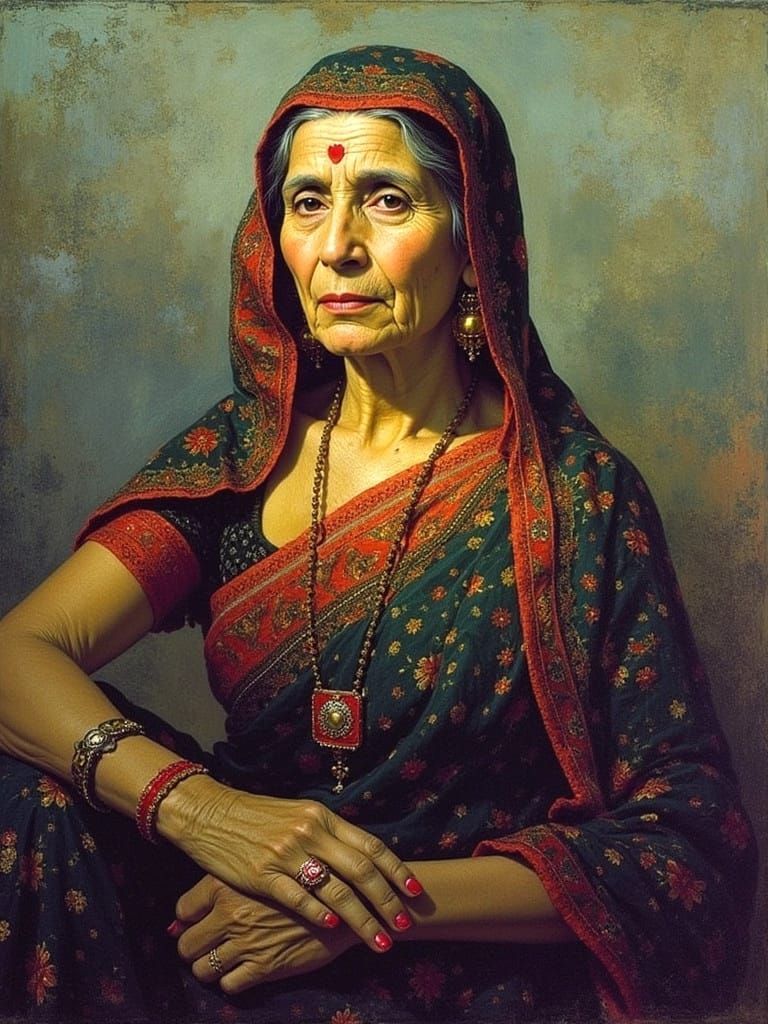 Portrait of an Old Indian Woman in Oils