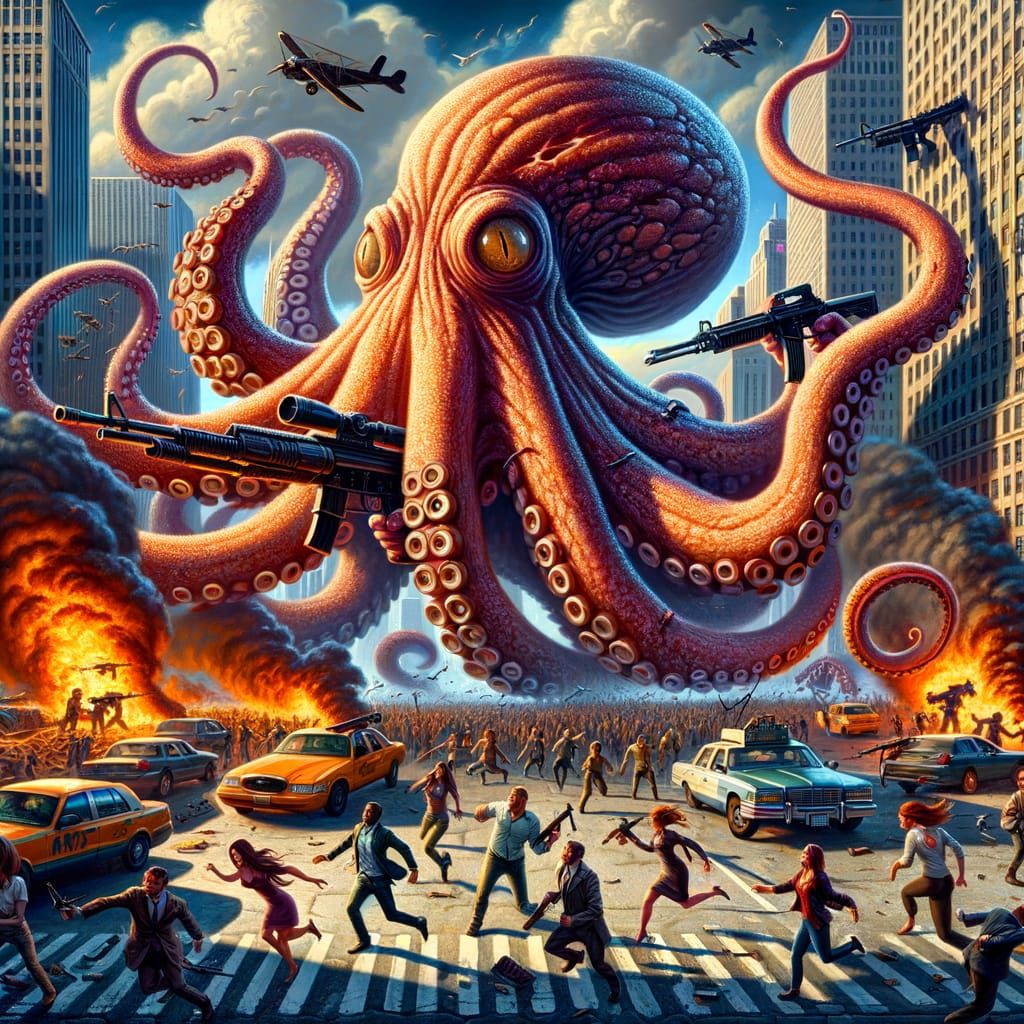 Giant Octopus Guns Chaos in Hyperrealistic Style
