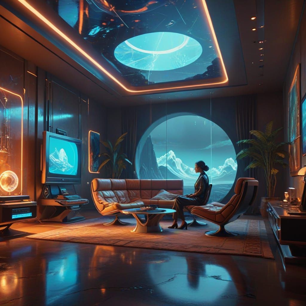 Retro-Futuristic Living Room with Ancient Artifact Projectio...