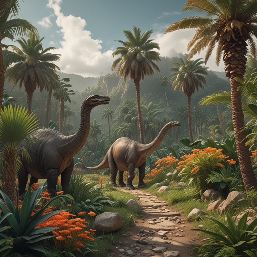Dinosaurs in a Vibrant Mesozoic Landscape
