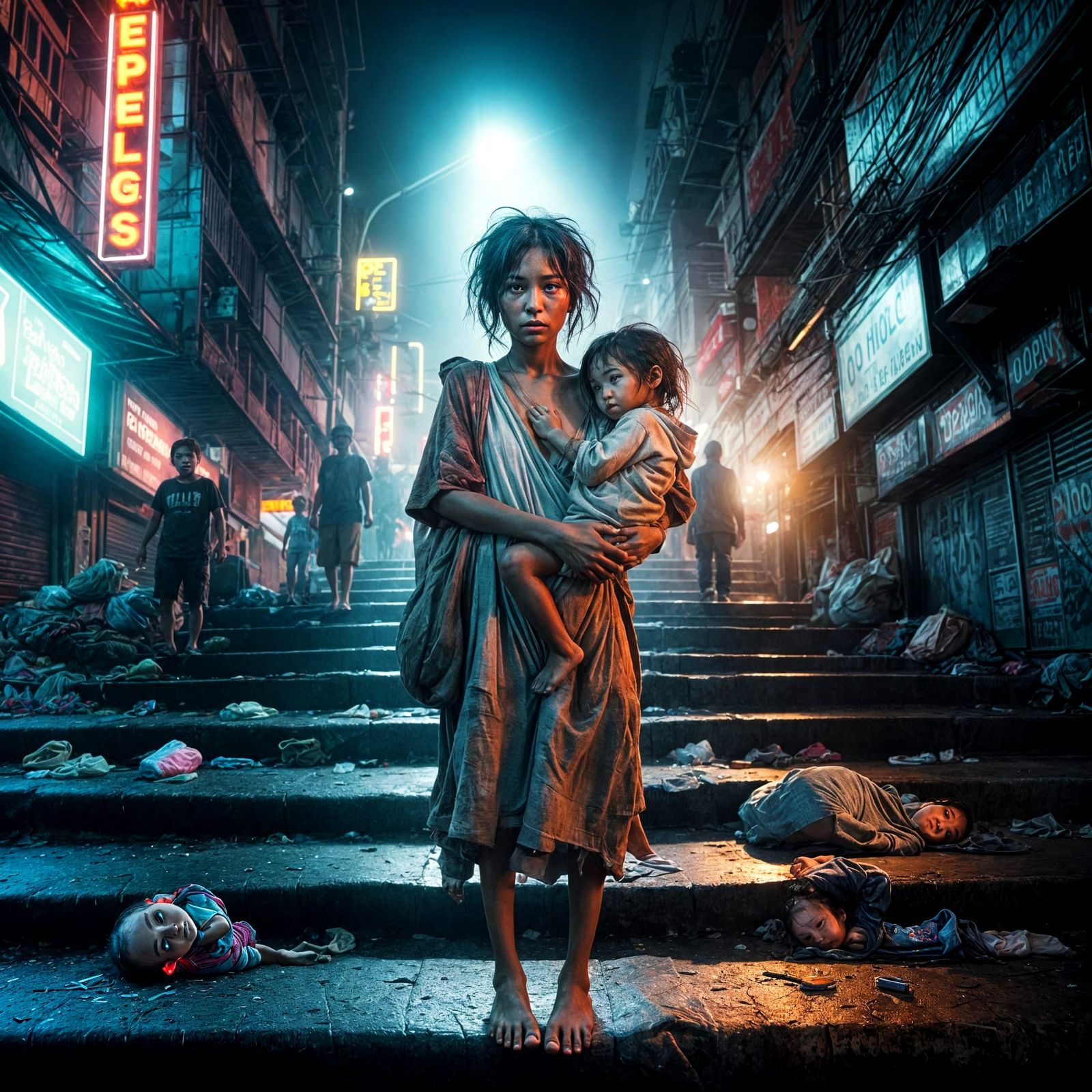 Filipino Mother's Unwavering Love in Neon-Lit Urban Landscap...