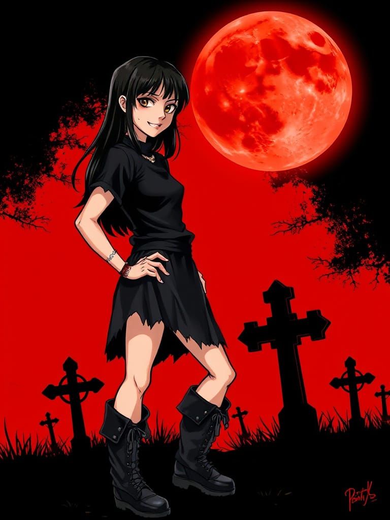 Gothic Girl in Cemetery, Digital Illustration