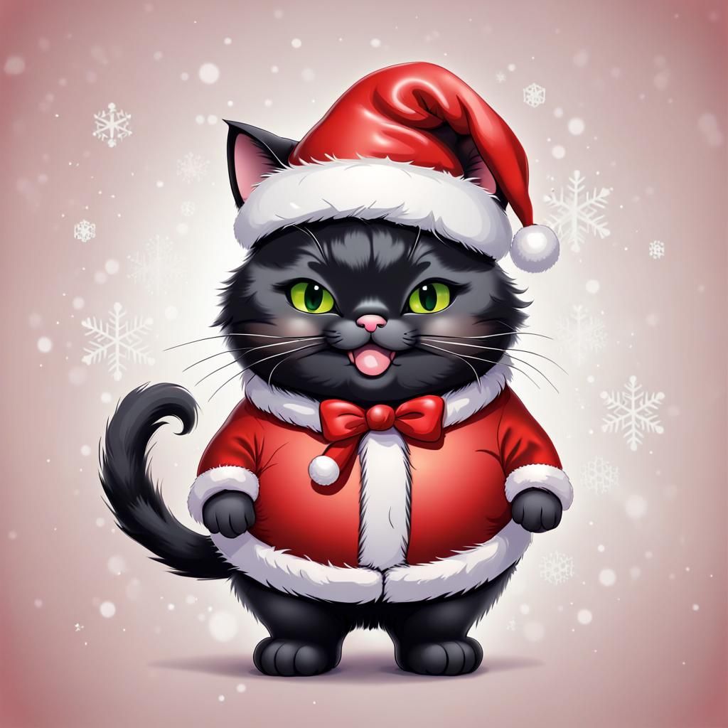 Chibi Black Cat in Christmas Outfit, Airbrush Style