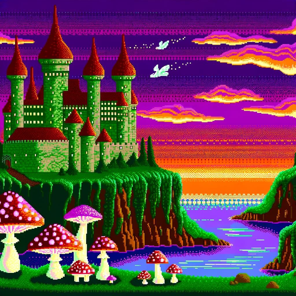 Whimsical Mushroom Castle in 16-bit Pixel Art