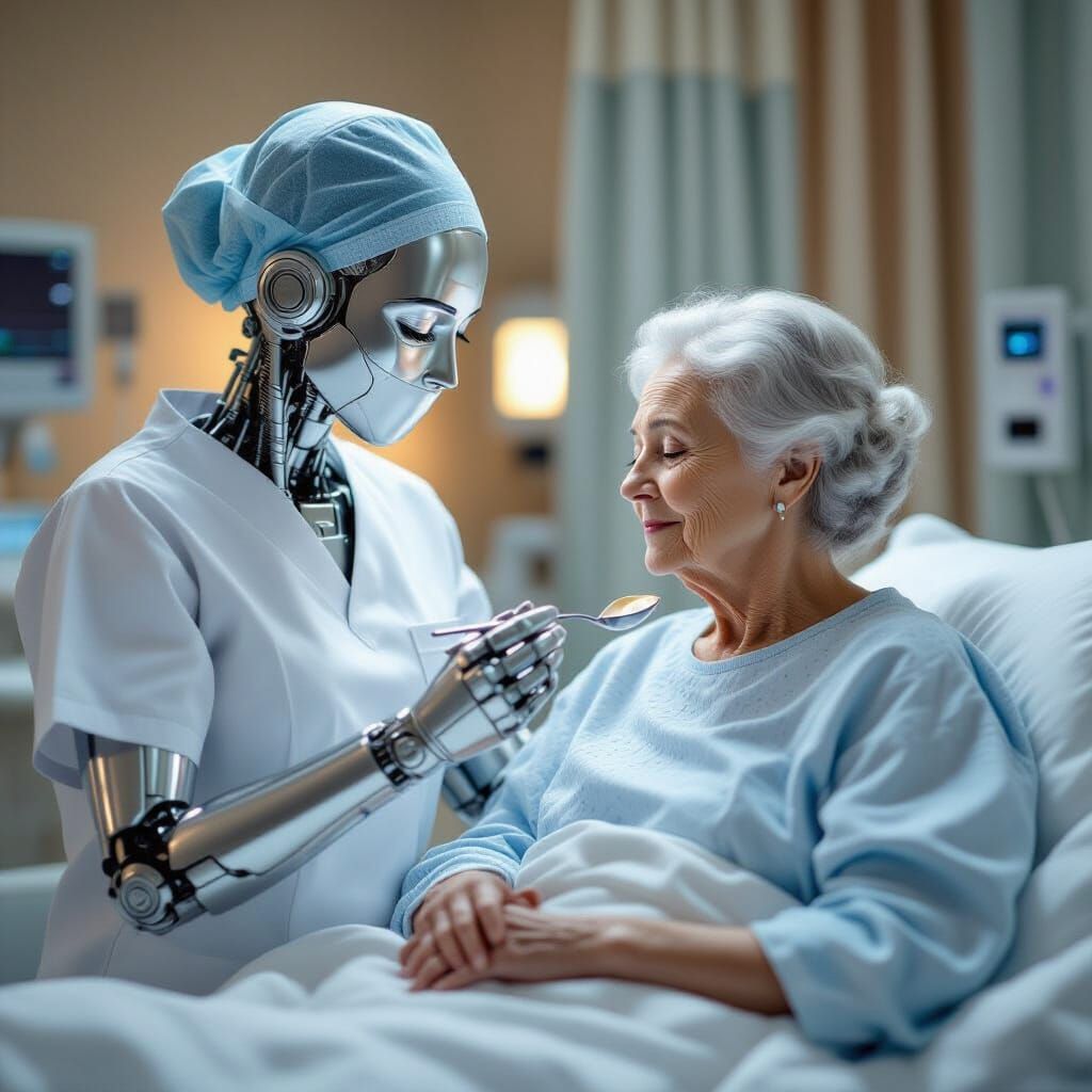 Metallic Fembot Nurse Spoon-Feeds Elderly Woman