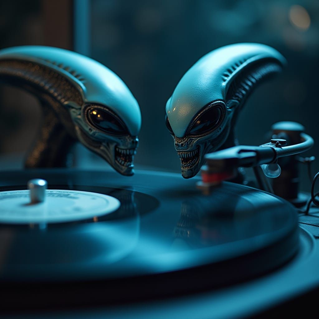 Alien Face Speakers with Record Player, Sci-Fi Art